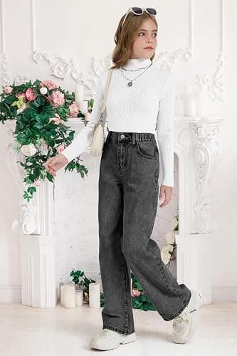 Fulihug Girls Wide Leg Jeans Baggy Bow Embroidery High Elastic Waist Denim Pants Cute Y2K Trendy Tween Streetwear 8-16Y thumbnail 7