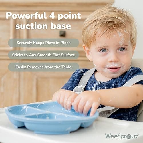 WeeSprout Suction Plates with Lids for Babies & Toddlers - 100% Silicone, Dinnerware Stays Put, Divided Design for Picky Eaters, Microwave & Dishwasher Friendly, 3 Pack - Matte Dark Grey, Blue & Green - With Lids thumbnail 3