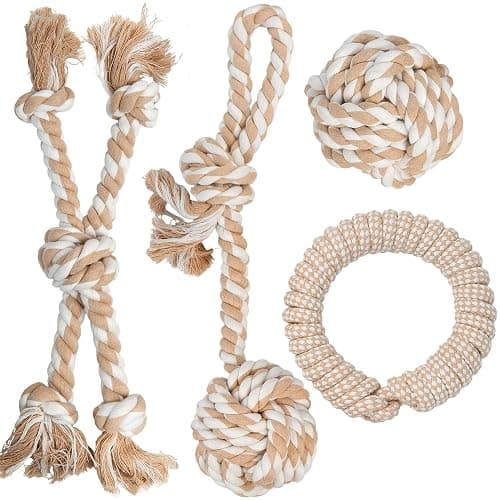 PetiFine Chew Toys for Dogs 4 Pack, Dog Rope Toy for Aggressive Chewers, Interactive Rope Ball Natural Cotton, Dog Tug of War Toy for Teeth Cleaning - Image 1