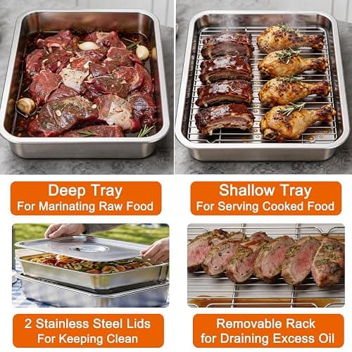 Zkeewup Grill Prep Tray & Serving Tray Set with Lids –5-Piece Grill Carry System for Marinating, Carrying & Serving, Stainless Steel BBQ Trays, BBQ Prep Grill Pan with 2 Lids and 1 Rack thumbnail 5