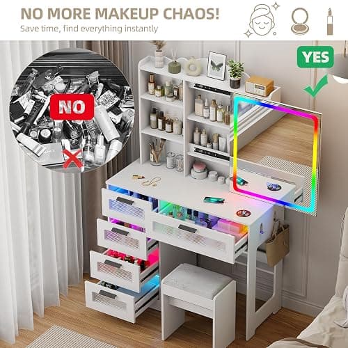 Gurexl RGB Vanity Desk with Sliding Mirror and Lights,Glass Top Makeup Vanity with Wireless Charging Station,7 Dynamic and 7 Static Dimmable Dressing Table with 5 Drawers,Shelves,Hooks,Stool thumbnail 7