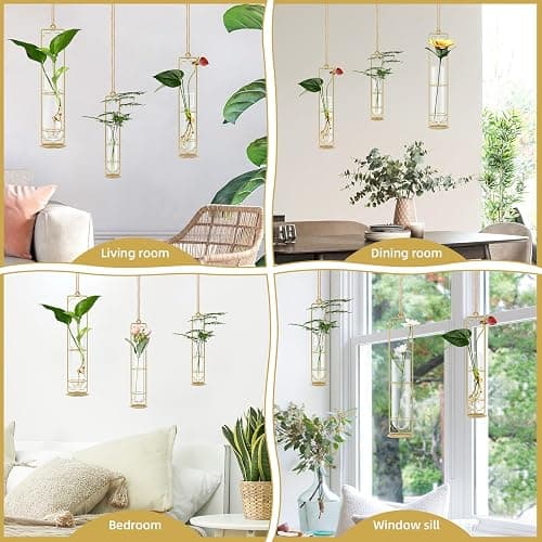 MIPON Plant Propagation Stations,Hanging Glass Propagation Test Tube Vases for Plants with Gold Metal Stand for Hydroponic Cutting Home Garden Office Decor-Gold - Gold thumbnail 6