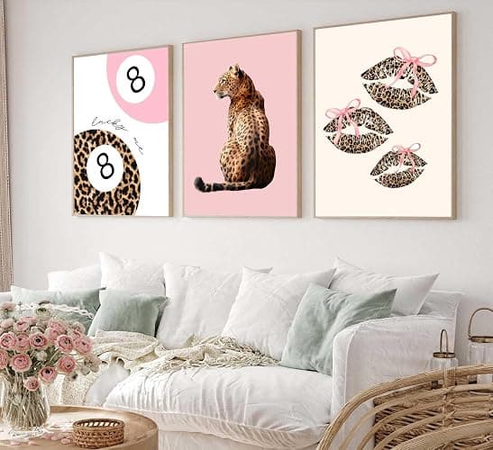 YUFXSTZV 3Pcs Pink Cheetah Wall Art Leopard Bow Print Painting Fashion Lucky 8 Ball Poster Leopard Lips Canvas Wall Decor Funky Preppy Room Aesthetic Picture for Girls Room Dorm Apartment Unframed thumbnail 3