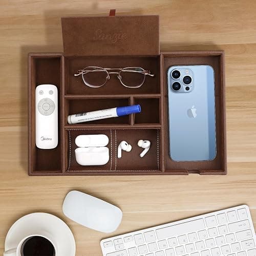 SANZIE Leather Tray with Wireless Charger - Nightstand Organizer for Phone, Wallet, Keys, Sunglasses, Watches, Jewelry, and More (Brown, Large) thumbnail 2