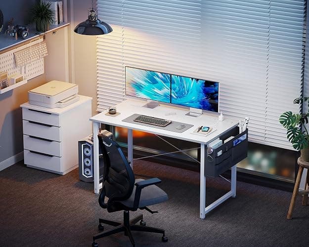 KKL Small Desk with Power Outlets and USB Port Computer Desk for Home Office Gaming Simple Modern Style Writing Desks with Storage Bag Headphone Hook, 40 inch, White - White - 40 inch thumbnail 6