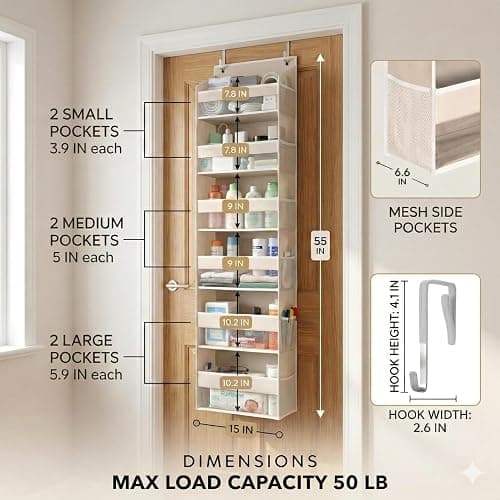 HOMELUX THEORY UPGRADED 6 Tiers Over The Door Organizer Hanging - 100D EXTRA THICK & 50lbs HUGE CAPACITY, 12 Side Mesh Pockets Over The Door Shoe Organizer, Hanging Closet Organizer (Ivory, 1pc) thumbnail 2