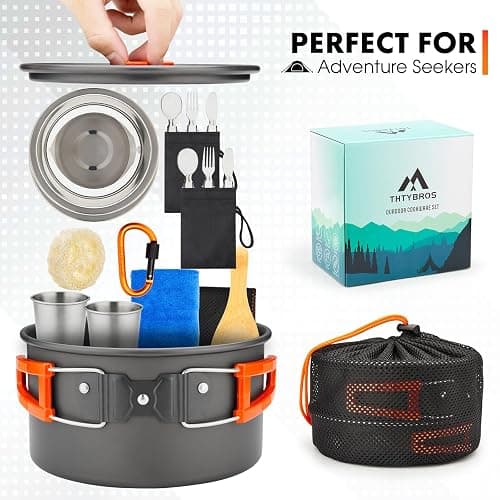 THTYBROS 17pcs Camping Cookware Kit, 0.45Gal Pot, 7inches Pan,0.30Gal Kettle Set with 2 Set Stainless Steel Cups Plates Forks Knives Spoons for Hiking thumbnail 5