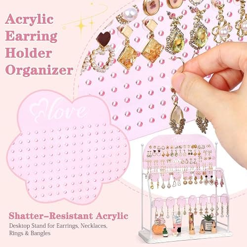 Keebofly Acrylic Earring Organizer Stand with 14 Hooks - Pink | Cute Earring Holder for Girls & Teens, Jewelry Display with 300 Holes & 14 Hooks, Vanity Desk Decor thumbnail 6