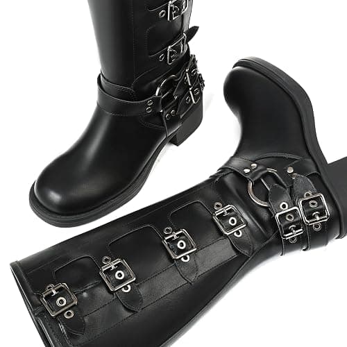 AMINUGAL Knee High Boots Women Square Toe Pull On Wide Calf Riding Fashion Buckles Chunky Metallic Casual Vintage Buckle Rivet thumbnail 4