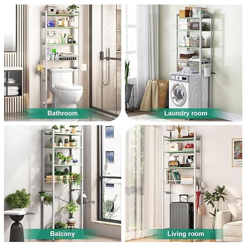 Kalrin Over-The-Toilet Storage Rack, 4-Tier Bathroom Organizer Shelf Over Toilet with Adjustable Shelf and Basket, Freestanding Space Saver Bathroom Shelves Above Toilet for Room (Avocado Green) thumbnail 3