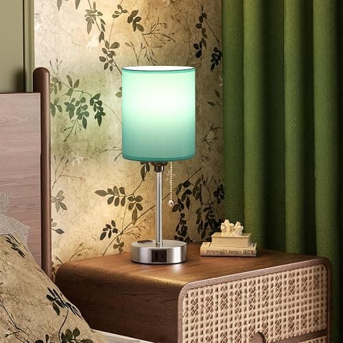 Small Bedside Table Lamp for Bedroom - Desk Lamp with USB Ports for Dorm | USB A+C Ports, AC Outlet, 3 Color Temperatures, LED Bulb Included, Teal Fabric Shade, Sleek Silver Base, 14" Night Stand Lamp thumbnail 2