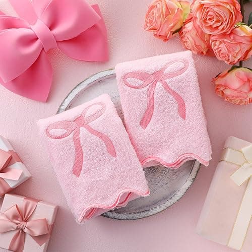 Fanfanwin 2 Pcs Pink Bow Scalloped Hand Towels for Bathroom 26 x 13 Inch Soft Embroidery Cute Coquette Bath Towels Fingertip 100% Cotton Soft Absorbent Boho Bath Decor for Kitchen Bathroom thumbnail 6