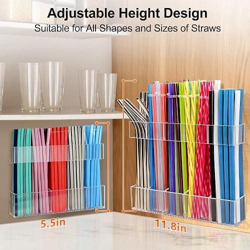 Rycid 9.5” Large Acrylic Straw Holder for Cabinet Door, Reusable Adjustable Two-Part Straws Organizer with Ultra Sticky Adhesive Strips, 2026 Straw Storage for Kitchen Cupboard thumbnail 2