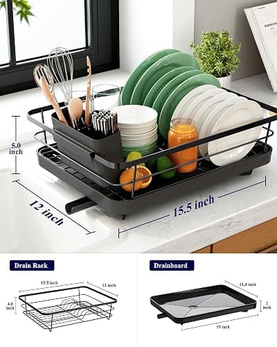 Kitsure Dish Drying Rack for Kitchen Counter, Stainless Steel Sink Organization and Storage Essentials with Cutlery Holder, Home and Appartment Decor, 12''W x 15.5''L, Black thumbnail 2