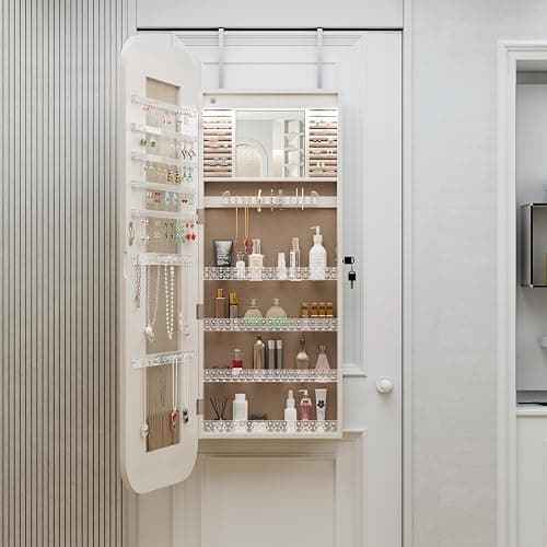 Noeko Jewelry Cabinet Wall/Door Mounted, Jewelry Armoire Organizer, 3.7 x 14.5 x 47.2 Inches Lockable Storage Cabinet, Interior Lighted Mirror, Gift Idea, White thumbnail 2
