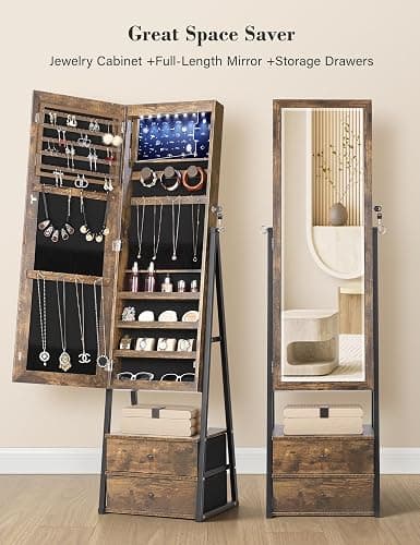 Nicetree Jewelry Cabinet Armoire with 2 Drawers, Lockable Standing Jewelry Mirror Cabinet, Full Length Mirror with Jewelry Storage, Rustic Brown thumbnail 6