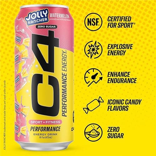 Cellucor C4 Performance Energy Drink | JOLLY RANCHER Watermelon | Zero Sugar Carbonated Preworkout Energy | 200mg Caffeine with Beta Alanine | 16 Fl Oz (12 Pack) thumbnail 3