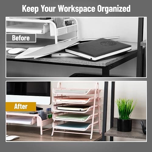 Mind Reader 5-Tier Paper Tray Organizer, Vertical Desktop File Storage Rack, Office, Metal Mesh, Pink thumbnail 5