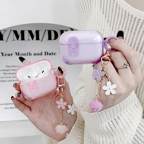 Cute Magsafe Case for Airpods Pro 2 Cover Lock Clip for Girl Women with Pom pom Flower Charms& Cleaner Kit, Soft TPU Airpods iPod Pro 2nd Gen Protective Cover Skin for Airpod Pro 2023/2022/2019 Pink thumbnail 7