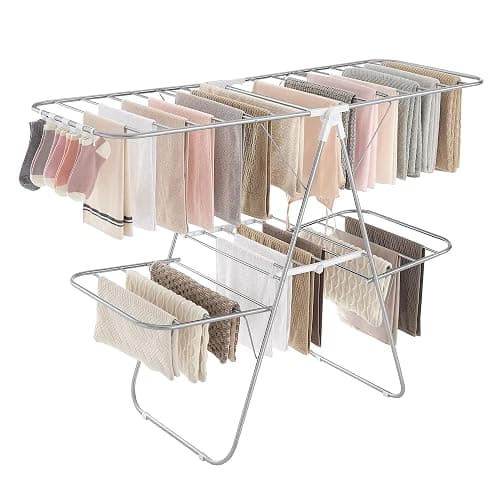 SONGMICS Clothes Drying Rack, Foldable 2-Level Laundry Drying Rack, Free-Standing Laundry Airer, with Height-Adjustable Wings, 33 Drying Rails, Sock Clips, Silver and White ULLR053W01V1 - Image 1