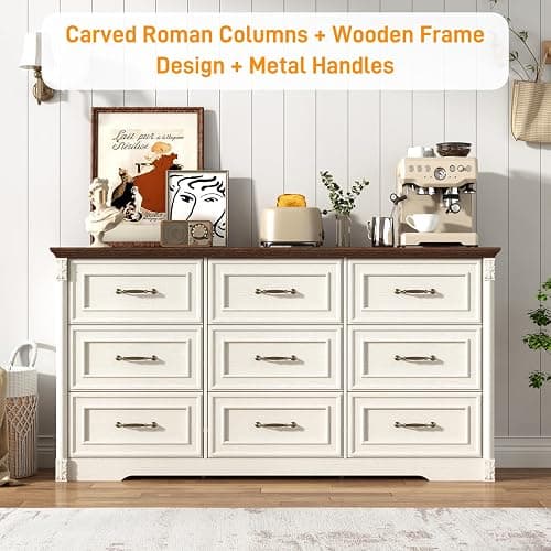 Farmhouse Wood 9 Drawer Dresser for Bedroom,Embossed Roman Column Wood Rustic 63 Inch Wide Dresser & Chest of Drawers with Rustic Handles,Tall Storage Organizer for Bedroom(Antique White) thumbnail 7