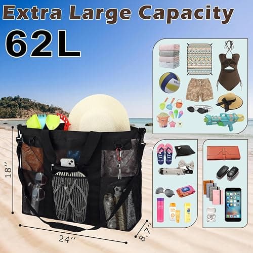 Fammart Mesh Beach Bag, Large Beach Tote with Zipper Pocket, Toys Pool Bag for Family Travel Vacation Cruise Essentials thumbnail 3