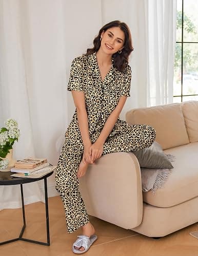 Ekouaer 2 Pack：Womens Pajamas Short Sleeve Pjs Notch Collar Button Up Loungewear Cozy Sleepwear Sets thumbnail 5