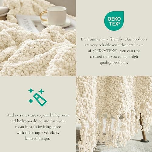 Amélie Home Knit Throw Blanket with Tassels for Couch, Luxury Boho Throw Blanket for Summer Ivory, 50"x60" thumbnail 6