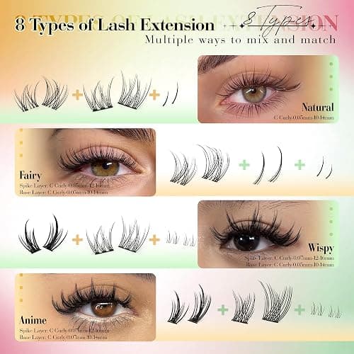 CORUSCATE Natural Lash Clusters Kit with Spikes 8 Styles Mix Lash Extension Kit DIY Individual Lashes Wispy with Bottom Lashes Cluster Eyelash Extensions Lash Clusters Glue Customizable Home-Salon Kit thumbnail 3