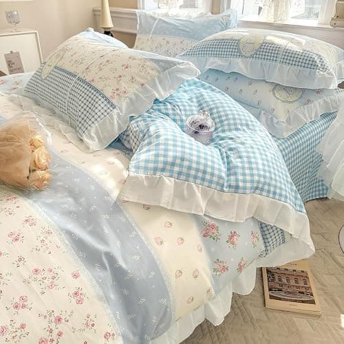 AMZTOP Cute White Ruffle Duvet Cover Set Queen Size Reversible Blue Floral Plaid Comforter Cover with 2 Pillowcases 100% Cotton Romantic Kawaii Bedding Set with Zipper Closure, Queen 90 * 90β - Image 1