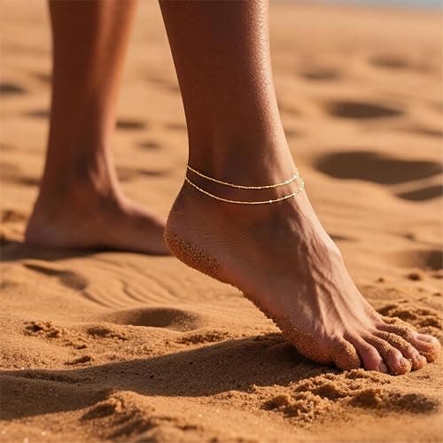 DEARMAY Dainty 14K Gold Plated Ankle Bracelets for Women, Waterproof 14K Gold Plated Link Chain Anklets Non Tarnish Set Pack Summer Beach Jewelry Gift thumbnail 9