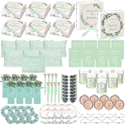 Nuogo 88 Pcs 8 Sets Bridesmaid Proposal Gift Wedding Bridesmaid Box Set Maid of Honor Gift Include Box Candle Invited Cards Scrunchies Hair Elastics Ties Knotted Bracelets Diamond Pens(Green,Modern) - Image 1