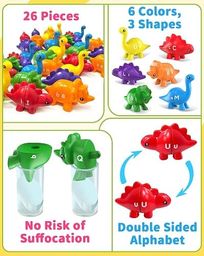 Walenty 26PCS Dinosaur Alphabet Learning Toys for Toddlers Kids 3-5, Montessori Educational Toys Gifts for 3 4 5 Year Old Boy Girl, Preschool Learning Activities, Double Sided ABC Matching Game thumbnail 6