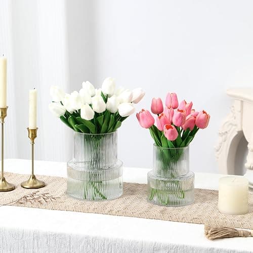 YANWE1 Ribbed Glass Vases for Bouquet, Set of 2 Fluted Vases for Flowers, Clear Vase for Tulips, Modern Glass Vase for Living Room, Office, Coffe Table, Dining Table, Shelf, Wedding thumbnail 5