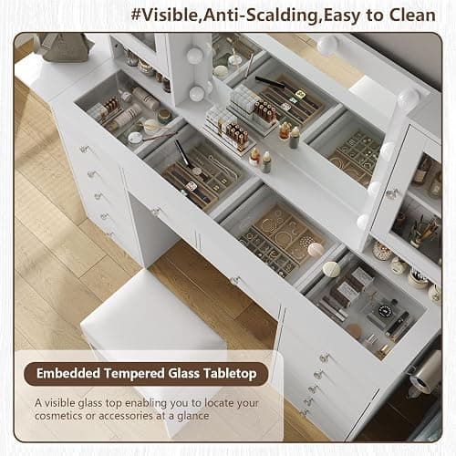 Vanity with Mirror and 10 LED Lights,Vanity Desk with Power Outlet, Makeup Vanity with 12 Drawers and 2 Cabinets, Fold-up Panel, Glass Top Vanity Table with Chair for Bedroom, White thumbnail 7