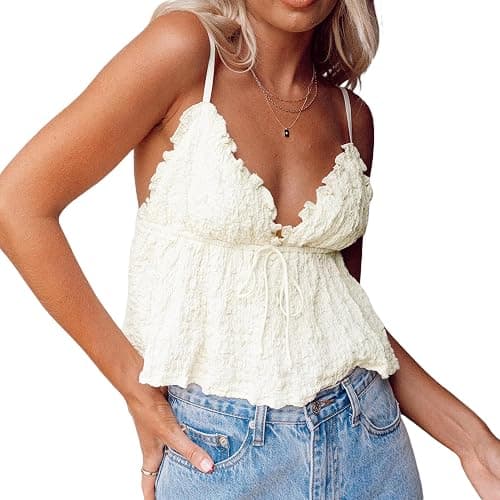 Women Teens Cute Babydoll Tops Y2k Floral Lace Trim Camisole Ruffle Tank Top Summer Flowy Peplum Top Streetwear - Image 1