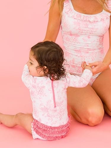 RuffleButts Baby Girls UPF 50+ Sun Protection Floral Printed Long Sleeve One Piece Rash Guard Swimsuit with Zipper thumbnail 6
