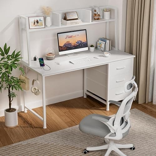 DLisiting White Computer Desk with Hutch & Drawers - Office Desk with 3 Storage Drawers and Power Outlets, 47 Inch Modern Study Writing Desk for Bedroom Home Office thumbnail 2