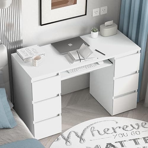 YESER Computer Desk with 6 Drawers, White PC Laptop Desk with Storage & Shelf, Modern Work Study Writing Table for Bedroom, Thick Wood Desks for Home Office, Vanity Makeup Desk, White - White thumbnail 2