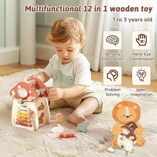 Youuys Wooden Activity Cube - 11-in-1 Montessori Toys for 1+ Year Old Boys & Girls, Multipurpose Educational Sensory Toys for Toddler, First Birthday Gift, Busy Board Toys for 18 Months (Mushroom) thumbnail 4