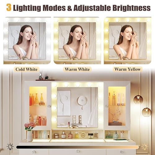 HUAHUU Vanity Desk with Mirror and RGB Lights, 43" Large Makeup Vanity with Glass Top, 4 Large Glass Cabinets, Power Outlet & 3 Drawers, 3 Colors Lighting Adjustable Brightness for Bedroom, White thumbnail 4