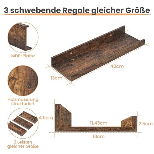 upsimples Floating Shelves for Wall, 3pack Brown Wooden Shelves for Room Decor 40CM, Wall Mounted Storage Shelf for Bathroom, Bedroom, Living Room, Kitchen thumbnail 3