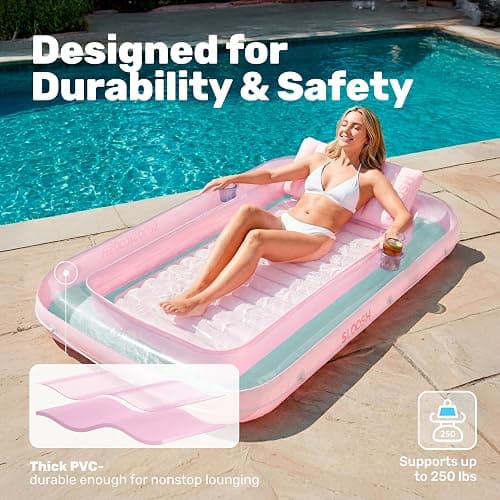SLOOSH Inflatable Tanning Pool Lounger Float, 70" x 46" Pool Floats Adult with Pillow, 4 in 1 Suntan Tub Raft Floatie,Sunbathing Bed Lounge for Water Blow Up Ball Pit Party Gifts, L-Cyan Pink thumbnail 5