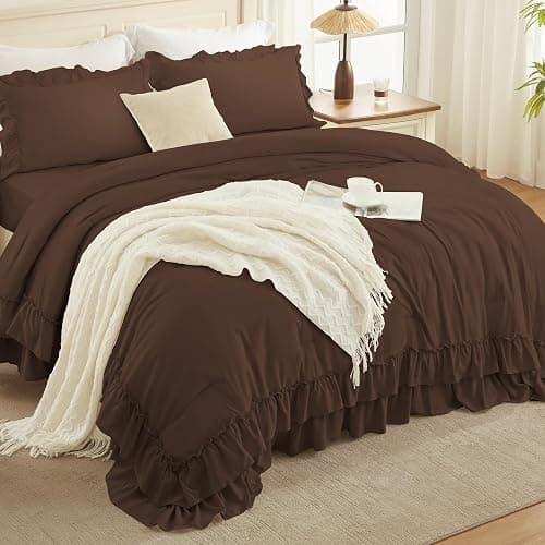 Andency Brown Ruffle Full Size Comforter Set, 3 Pieces | Vintage Farmhouse Shabby Chic, Soft Lightweight Fluffy Bed Comforter Sets, All Season Bedding Set thumbnail 3