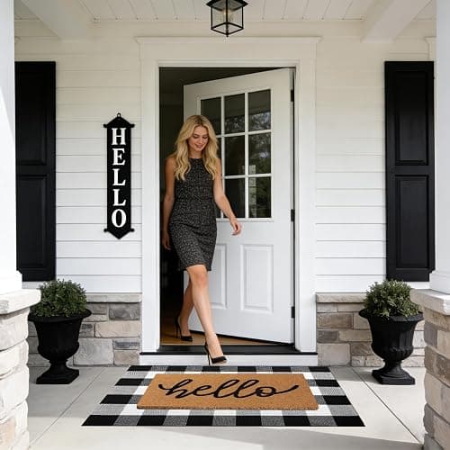 2 Pcs Welcome Door Mat Set, Layered Hello Coir Doormat with Black and White Buffalo Plaid Mat, Front Door Mats with Non-Slip TPR Backing, Farmhouse Modern Door Decor for Porch, Entryway, Patio thumbnail 3