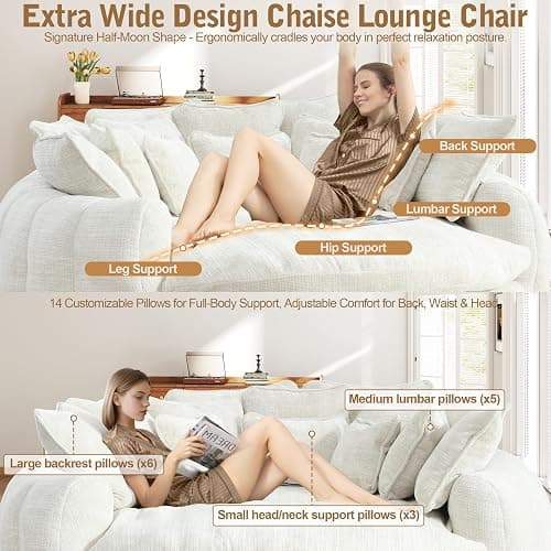 SumKea 82'' Oversized Upholstered Sofa Bed, Round Chaise Lounge Chair Indoor, Modern Chenille Boneless Couch, No Assembly Required, Plush Sleeper Chair with 14 Pillows for Living Room, Beige thumbnail 5