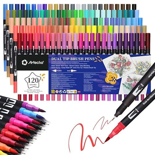 Artecho 120 Colors Markers for Adult Coloring Books, Dual Tip Markers for School, Fine and Brush Tip for Adults Coloring Books, Calligraphy, Drawing, Sketching - Image 1