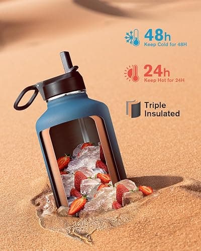 Half Gallon Water Bottle Insulated with Straw & 3 Lids, Coolflask 64 oz Water Jug Large Metal Stainless Steel Wide Mouth for Sports, Gym or Office, Non-BPA Keep Cold 48H Hot 24H, Samurai Cyan thumbnail 2