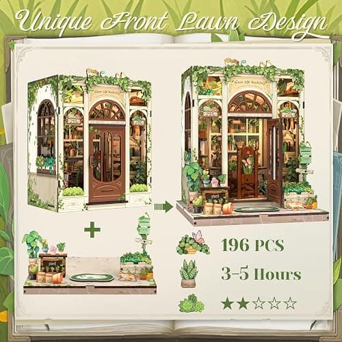 CUTEBEE Book Nook Kit - DIY Miniature House Dollhouse Kit for Adults and Teens, Booknook Tiny House Bookshelf Decor 3D Wooden Puzzle, Gifts for Family Friends (Green Life Bookshop) thumbnail 2