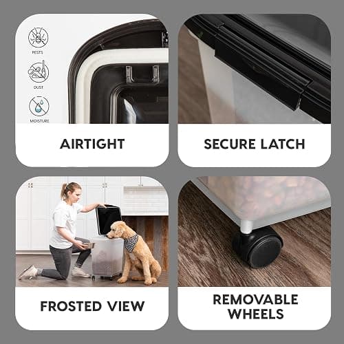IRIS USA Airtight Dog Food Storage Container, WeatherPro, Up to 50 lbs, Removable Wheels, for Dog Cat Bird and Other Pet Food Storage Bin, Keep Fresh, Translucent Body, Made in USA, Clear/Black thumbnail 5
